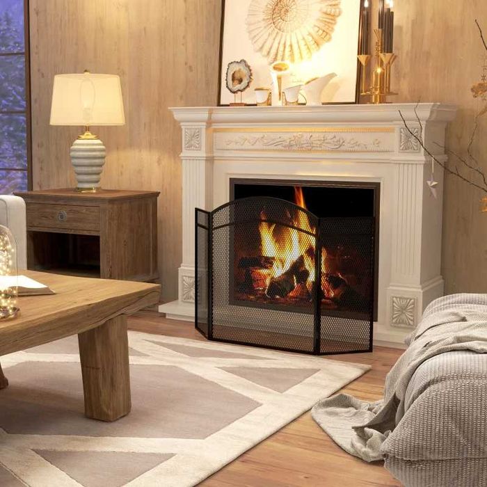 HOMCOM Защитен панел за камина, Сгъваем, С покритие, Черен, 96 x 60 см