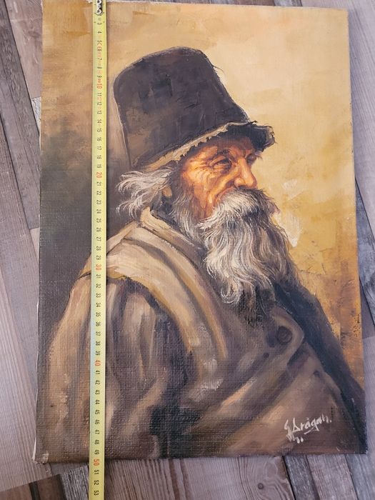 Superb tablou ,,Mos teaca,, ulei panza iuta Gheorghe Drăgan