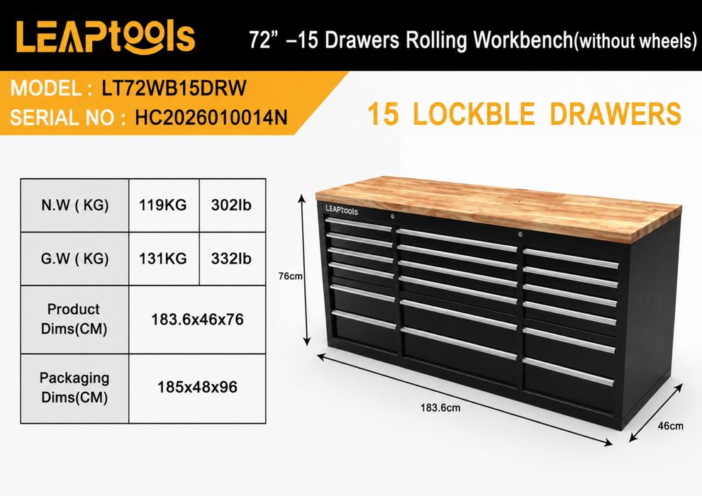 Banc de lucru profesional LEAPTOOLS LT72WB15DRW – 15 sertare – 183,6 cm