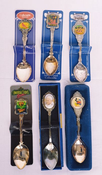 Lot 6 lingurite suvenir placate cu argint, Colectia Disney, anul 1991