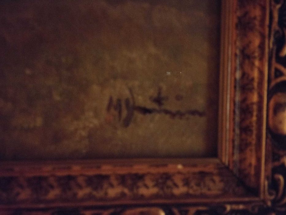 Tablou decorativ vechi – peisaj cu moară de vânt – ramă aurită masivă