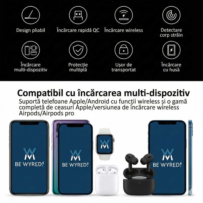 Statie Incarcare Wireless 3-in-1 Pliabila Wyred by Monga 15W Nou