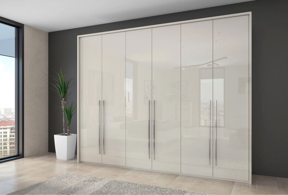 Dulap 6 uși Piano, crem lucios, ramă LED, 270 cm lățime