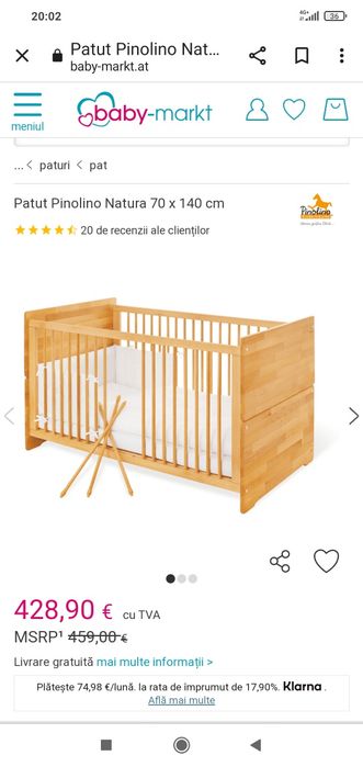 Pătuț copii Pinolino cu saltea, 2 huse saltea și protecție grilaj