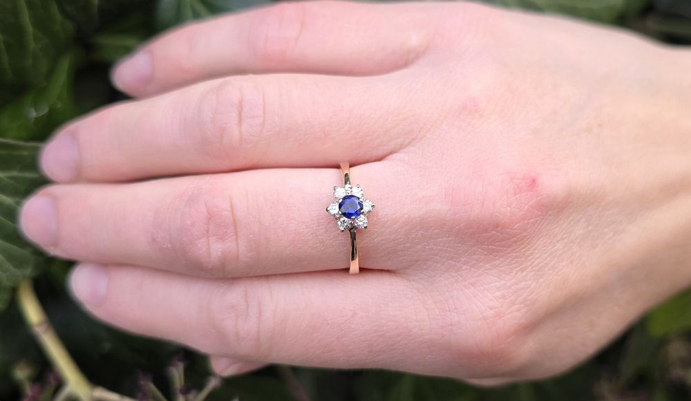 Inel de lodgonă aur galben 14K cu safir și diamante naturale