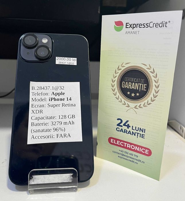 iPhone 14 128Gb 96% bateria (AG32 Vaslui B28437) 2 ANI GARANTIE!