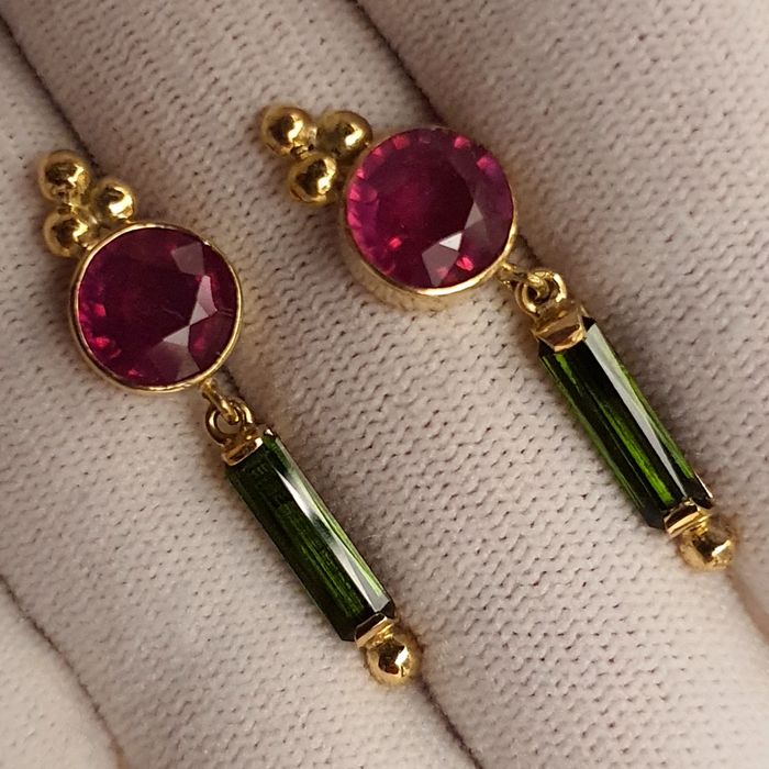 cercei unicat aur 14k cu rubine si turmaline naturale