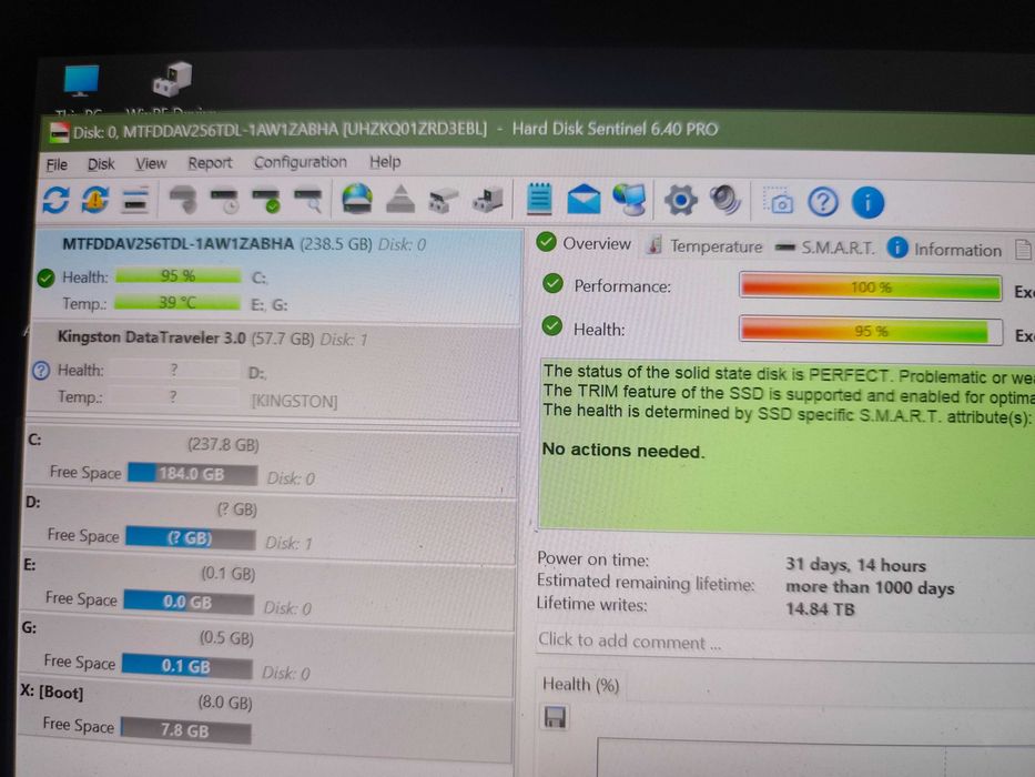 SSD Micron 1300 256GB M.2 SATA – 95% Health – Testat