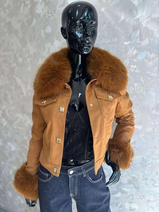 Дамско мадерно яке с пух в кафяво