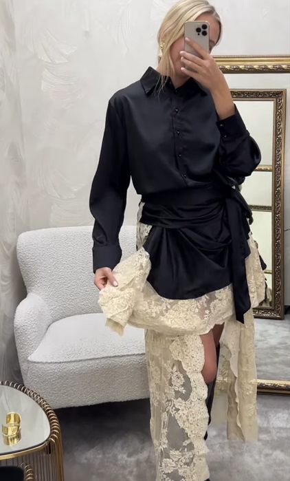 Дизайнерски сет за бал  с коприна риза и пола с дантела