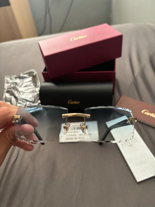 Cartier Black Acetate Glasses, Gold Decor & Blue Lens