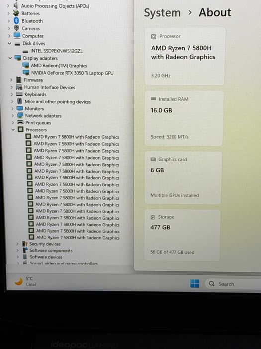 120Hz Lenovo Gaming`Ryzen 7 5800H Nvidia RTX 3050Ti 16GB RAM 512GB SSD Бат 5ч