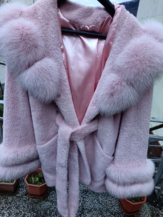 Палто алкантара с естествен косъм от лисица