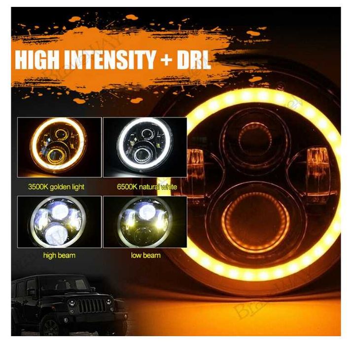 Комплект Кръгли LED фарове 7" 70W H4 букса, къси, дълги, дневни и мига