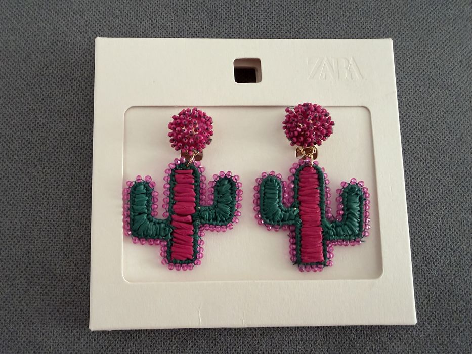Cercei maxi Zara roz magenta verde Cactus noi cu eticheta