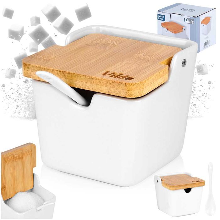 Керамична захарница с бамбуков капак и лъжичка 250 ml