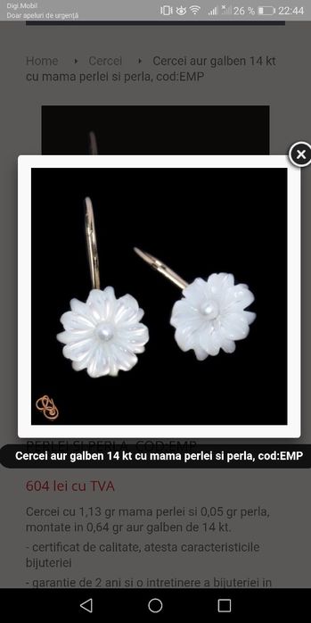 Cercei aur rose 14 kt cu perla