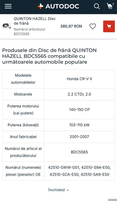 Discuri frana spate Honda CR-V II CRV 2 Quinton Hazell noi UK