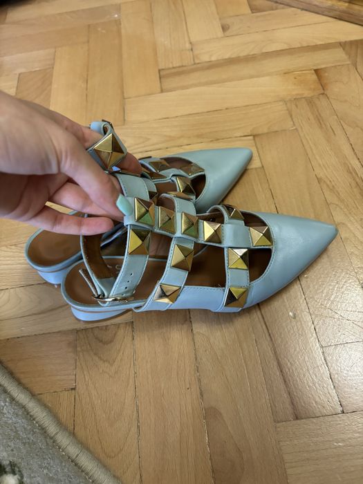 Balerini din piele naturala bleu cu tinte