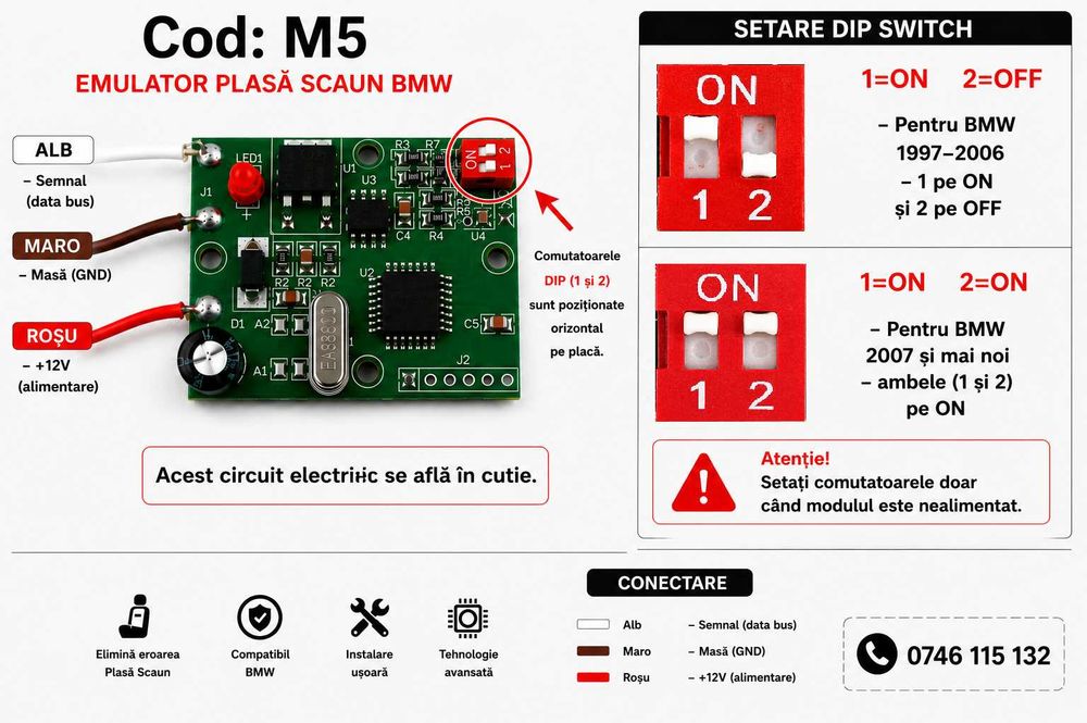 Modul Plasă Scaun BMW–Cu 3 Fire–Passenger Occupancy Sensor(SBE)–DIP Switch–Anulator Eroare Airbag Pasager–E36 E39 E46 E53 E60 E61 E63 E65 E87 E90 – M5