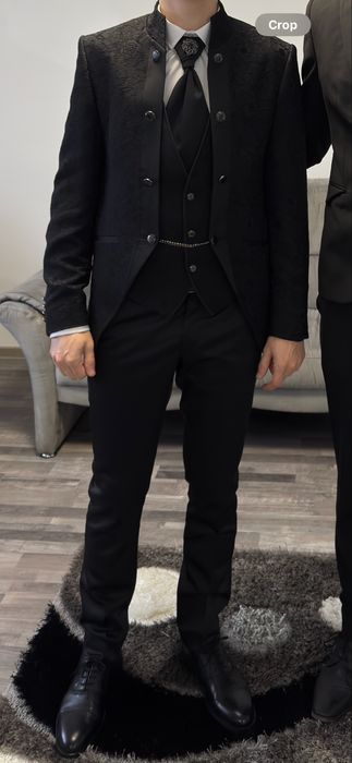 Costum Ceremonie Slim Ginere,Mire Negru Floral Guler Tunica