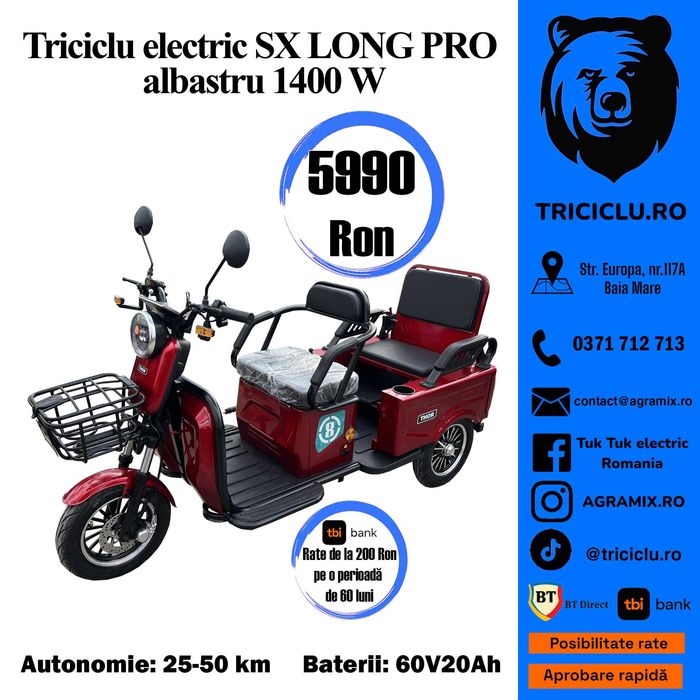 Triciclu electric Thor SX-Long Pro nou 1400W Agramix
