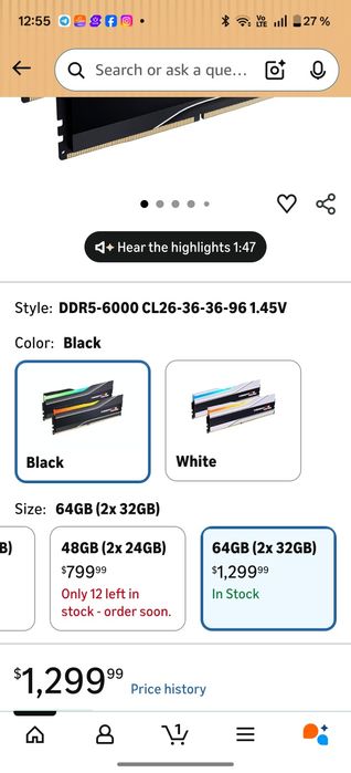 G.skill Trident Z5 Neo RGB 64gb(2x32gb) DDR5 6000Mhz CL26