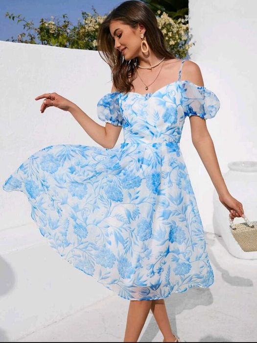 Rochie de zi alb albastru voal