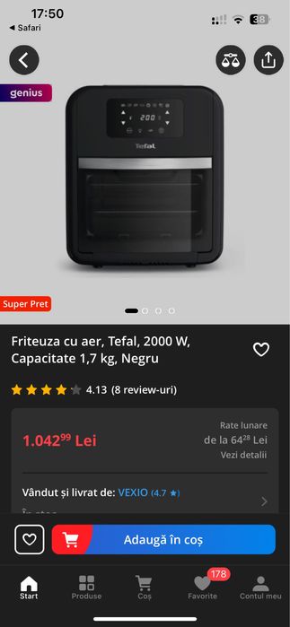 Friteuza cu aer, Tefal, 2000 W, Capacitate 1,7 kg, Negru