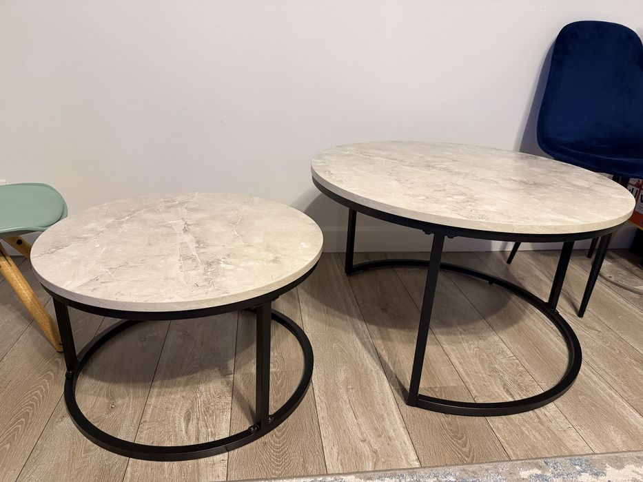 Homcom Set 2 Masute Rotunde pentru Cafea Metal + Marmura Gri/Negru