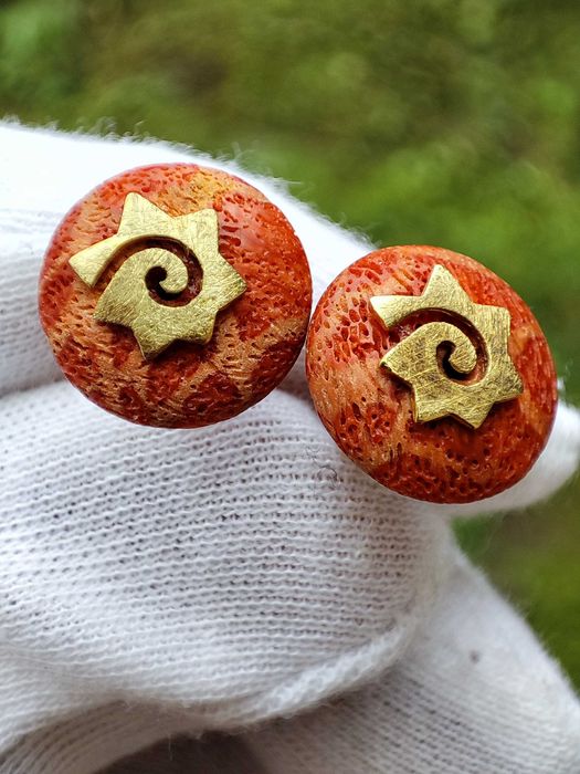 Cercei Aur 14K Cu Coral Organic Recif Natural Spirala Soare Celestial