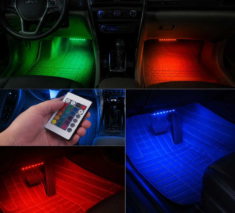 Kit 4 benzi LED picioare RGB auto, 12 LED/banda, telecomanda si sincronizare cu muzica