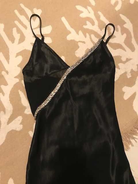 Zara Rochie slip asimetrică seara Satin negru paiete margele Strass