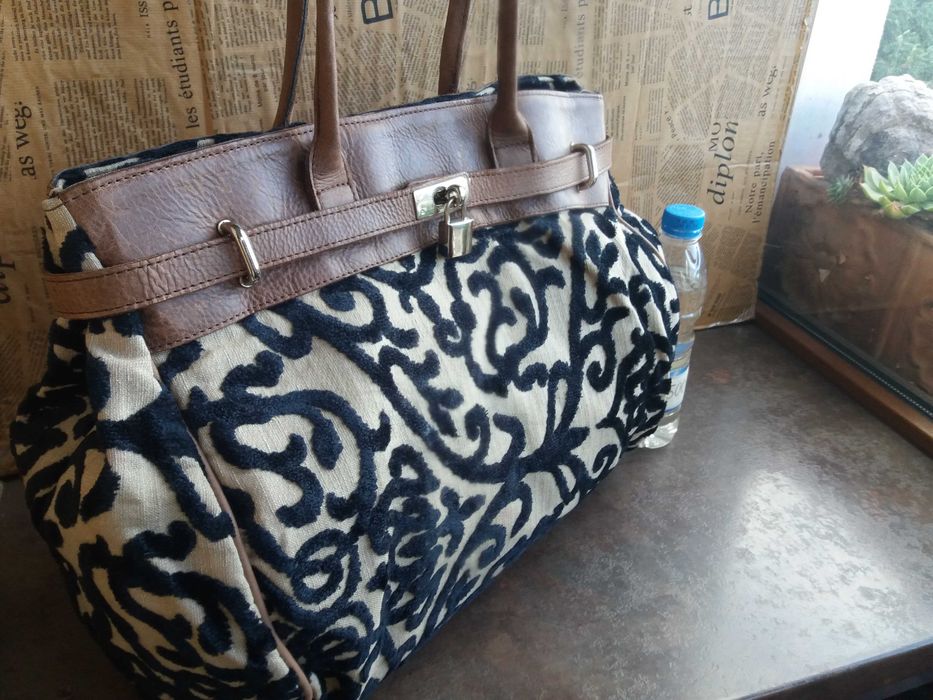 дамска чанта,голяма текстилна чанта с кожени дръжки-естествена кожа