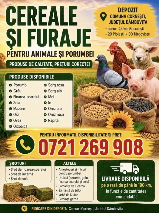 Cereale, seminte,furaje,porumbei,uruiala,sorg,grau,srot,mazare,orz,orzoaica,faina,floarea soarelui,mei,amestec porumbei ,mancare poumbei ,orez,soia,in