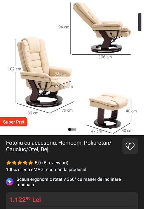 Fotoliu Rotativ, reglabil,  cu maner si taburet