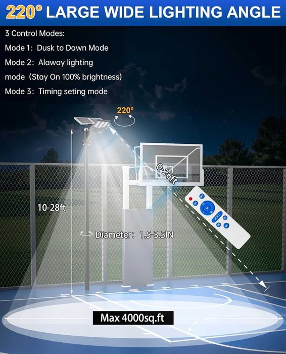 JAYNLT 8000W соларна лампа, 6500К от здрач до зори, с дистанционно