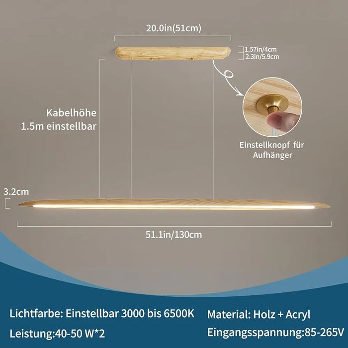 Дървена линейна висяща LED лампа Mikeru 130 см, димируема
