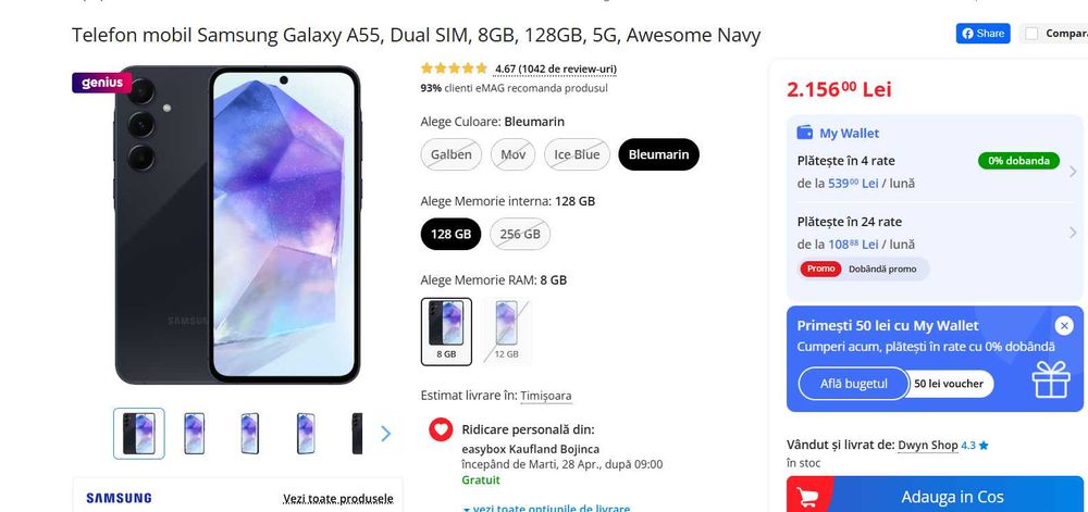 Telefon mobil Samsung Galaxy A55, Dual SIM, 8GB, 128GB, 5G, Awesome Navy