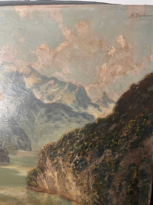 Tablou vechi ulei pe panza - Peisaj Montan Alpin - Semnat