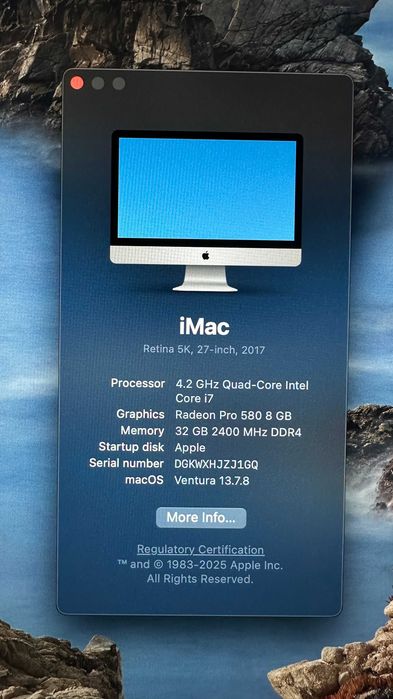 iMac 27” Retina 5K 2017 – i7 4.2GHz / 32GB RAM / Radeon Pro 580 8GB