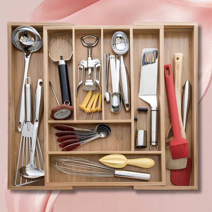 Кухненски бамбуков органайзер за прибори за чекмедже, разтегателен