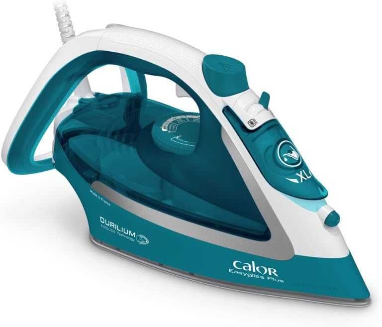 Парна ютия Calor Easygliss Plus, 2500 W, Непрекъсната пара 40 г/мин, Преса 195 г/мин, Плоча Durilium Airglide FV5719C0, Тюркоаз