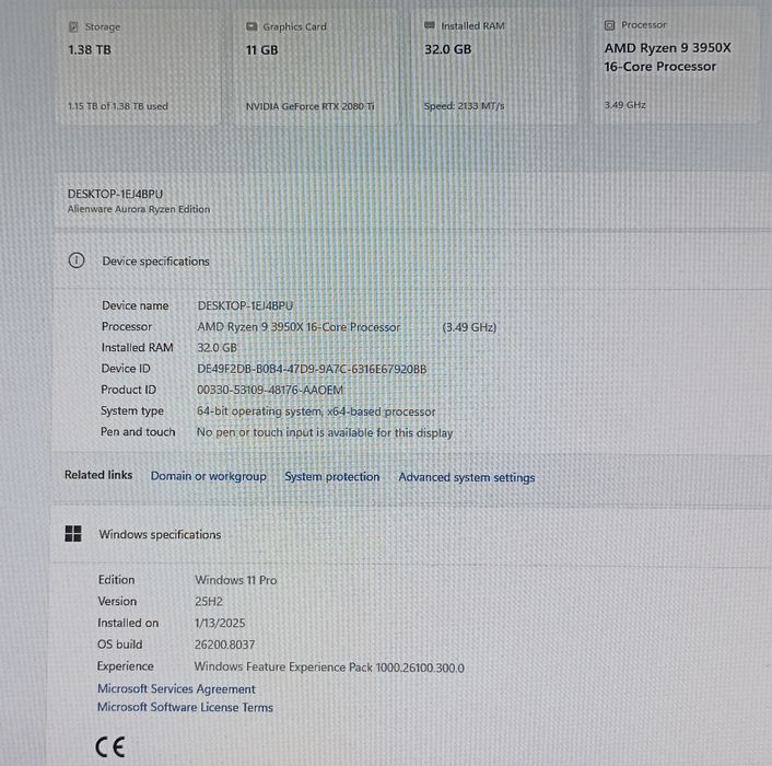 Desktop gaming Dell Alienware  Aurora R10, RTX2080ti, Ryzen 9, 3950x