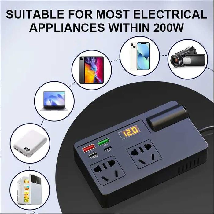 Invertor Incarcator telefoane, tablete, auto 80W/200W 12V/24V la priza 220V Inverter de putere. Sursa alimentare auto cu conversie 4 multi-USB Rapide.