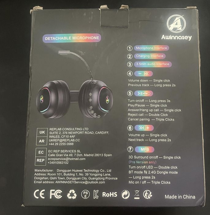 Безжични слушалки за игри Awinnasey 2.4GHz с кабелен режим, 5.4 Blueto