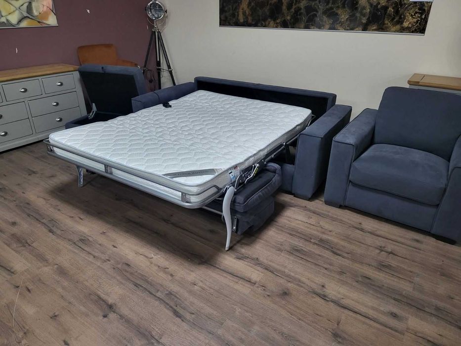 Сив комплект от плат диван тройка с функция сън, фотьойл и табуретка