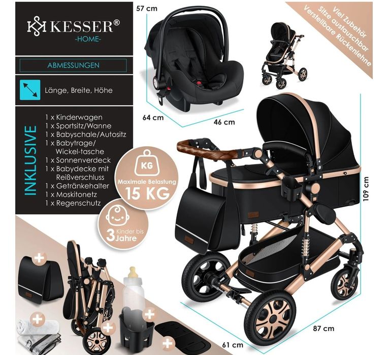 Комбинирана количка 3 в 1 вкл. кош за новородено/кола, зимен/летен кош