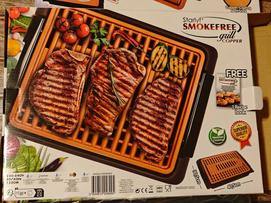 ПРОМО!БЕЗДИМНА Ел. скара/грил+туч плоча с МЕДНО незалепващо покритие