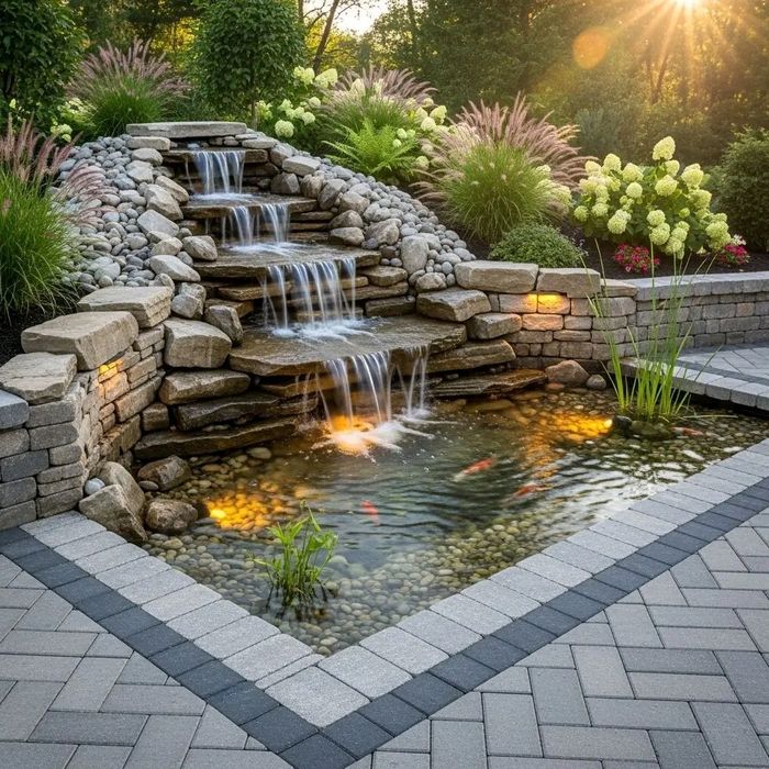 Водопад,пруд,скульптура,дерево,ландшафтный дизайн,кора,фонтан,барельеф